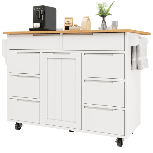 Ilha de cozinha moderna 122x74,5x91,5 cm - Carrinho com rodas e bancada, 8 gavetas, branco