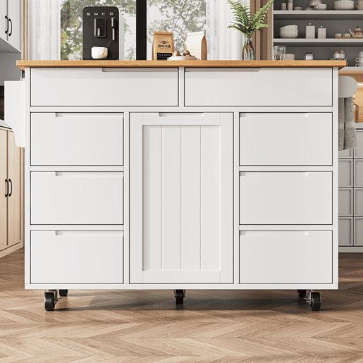 Ilha de cozinha moderna 122x74,5x91,5 cm - Carrinho com rodas e bancada, 8 gavetas, branco