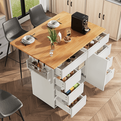 Ilha de cozinha moderna 122x74,5x91,5 cm - Carrinho com rodas e bancada, 8 gavetas, branco