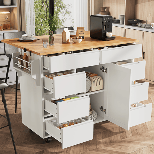 Ilha de cozinha moderna 122x74,5x91,5 cm - Carrinho com rodas e bancada, 8 gavetas, branco