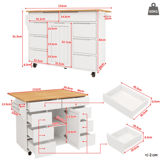 Ilha de cozinha moderna 122x74,5x91,5 cm - Carrinho com rodas e bancada, 8 gavetas, branco
