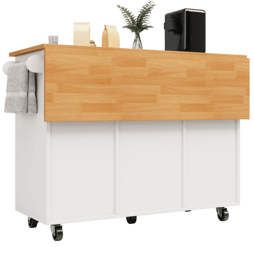 Ilha de cozinha moderna 122x74,5x91,5 cm - Carrinho com rodas e bancada, 8 gavetas, branco