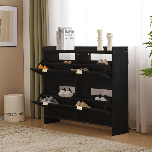 Sapateira moderna 110x90x24 cm - 4 compartimentos, prateleira livre, prateleiras abertas - Preto