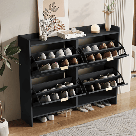Sapateira moderna 110x90x24 cm - 4 compartimentos, prateleira livre, prateleiras abertas - Preto