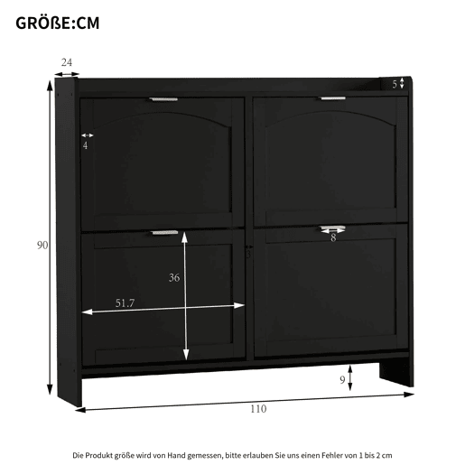 Sapateira moderna 110x90x24 cm - 4 compartimentos, prateleira livre, prateleiras abertas - Preto