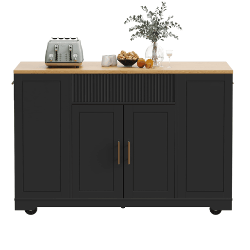 Ilha de cozinha com rodas 120x50x92 cm - Com compartimento para lixo, 2 portas e 3 gavetas - Preto