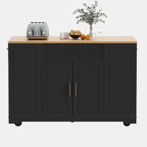 Ilha de cozinha com rodas 120x50x92 cm - Com compartimento para lixo, 2 portas e 3 gavetas - Preto
