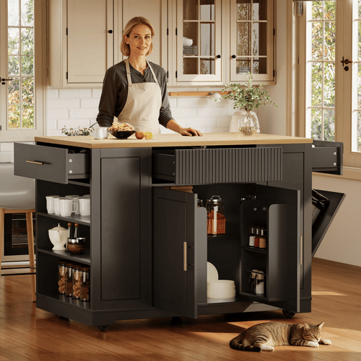 Ilha de cozinha com rodas 120x50x92 cm - Com compartimento para lixo, 2 portas e 3 gavetas - Preto
