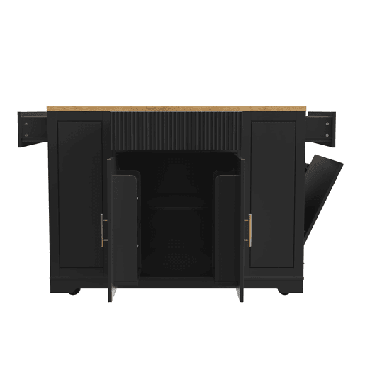 Ilha de cozinha com rodas 120x50x92 cm - Com compartimento para lixo, 2 portas e 3 gavetas - Preto