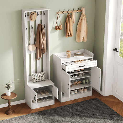 Conjunto de armário 125x36x190cm - com banco e sapateira, 8 ganchos, 4 portas, 1 gaveta - Branco