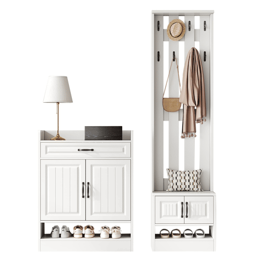 Conjunto de armário 125x36x190cm - com banco e sapateira, 8 ganchos, 4 portas, 1 gaveta - Branco
