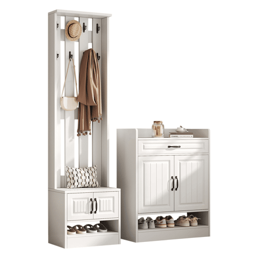 Conjunto de armário 125x36x190cm - com banco e sapateira, 8 ganchos, 4 portas, 1 gaveta - Branco