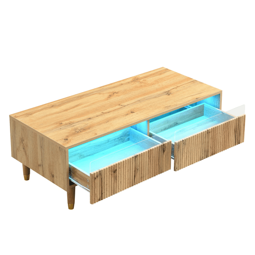 Mesa de centro LED - Com tampo ondulado com gavetas, pernas douradas de madeira, 2 gavetas, luz LED mutável