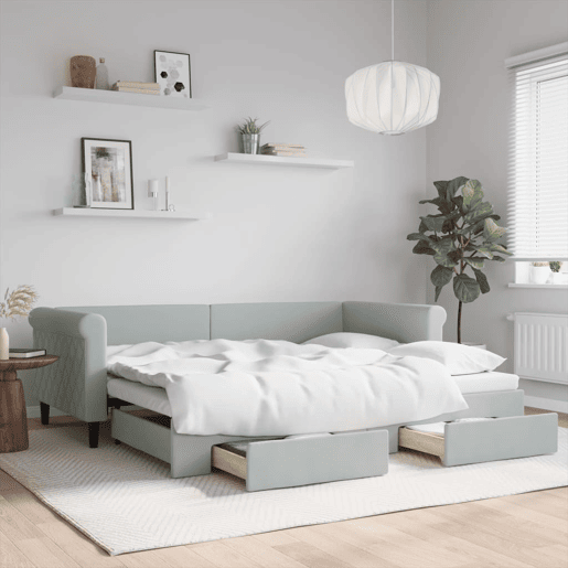 Sofá-cama, Sofá conversível c gavetão e gavetas 90x200 cm veludo cinzento-claro Sofá-cama, Sofá conversível c gavetão e gavetas 90x200 cm veludo cinzento-claro