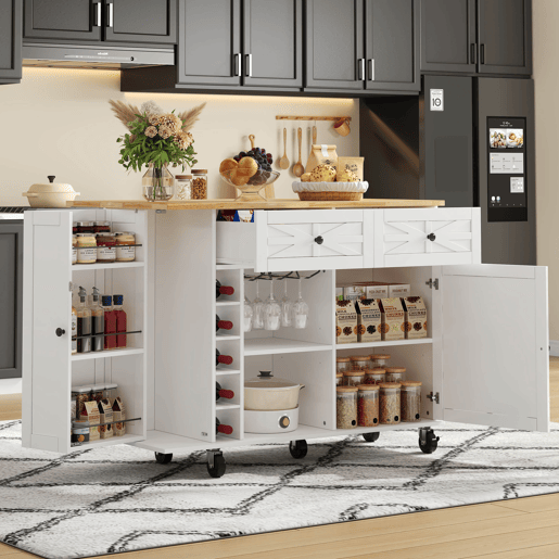 Ilha de cozinha 120x45(70)x89 cm - Com rodas bloqueáveis, prateleira para portas, vinoteca e porta-copos - Branco