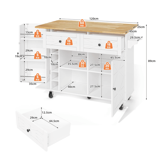 Ilha de cozinha 120x45(70)x89 cm - Com rodas bloqueáveis, prateleira para portas, vinoteca e porta-copos - Branco