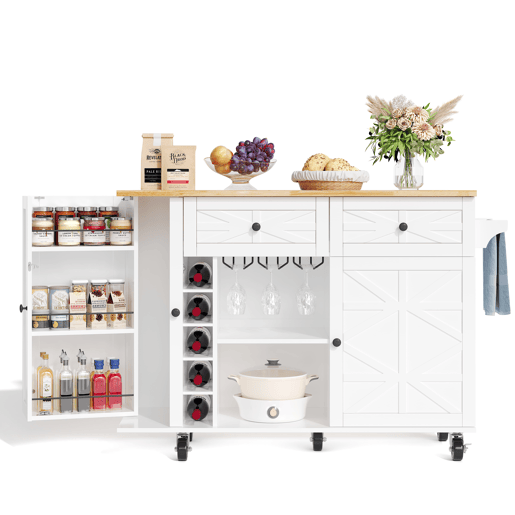 Ilha de cozinha 120x45(70)x89 cm - Com rodas bloqueáveis, prateleira para portas, vinoteca e porta-copos - Branco