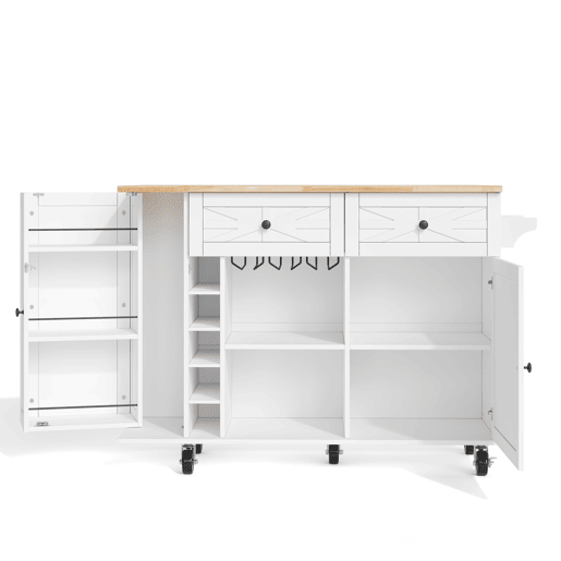 Ilha de cozinha 120x45(70)x89 cm - Com rodas bloqueáveis, prateleira para portas, vinoteca e porta-copos - Branco
