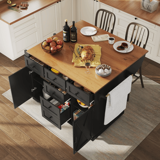 Ilha de cozinha 147x70x93 cm - Carrinho multifuncional com madeira e grande capacidade de armazenamento - Preto