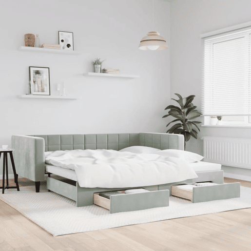 Sofá-cama, Sofá conversível c gavetão e gavetas 100x200 cm veludo cinzento-claro