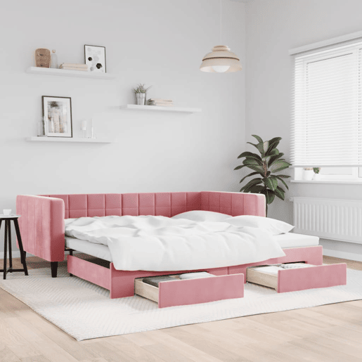 Sofá-cama, Sofá conversível com gavetão e gavetas 100x200 cm veludo rosa Sofá-cama, Sofá conversível com gavetão e gavetas 100x200 cm veludo rosa