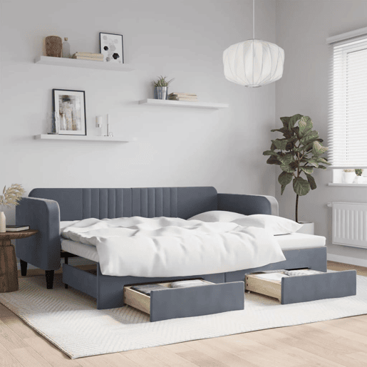 Sofá-cama, Sofá conversível c gavetão e gavetas 90x200 cm veludo cinzento-escuro