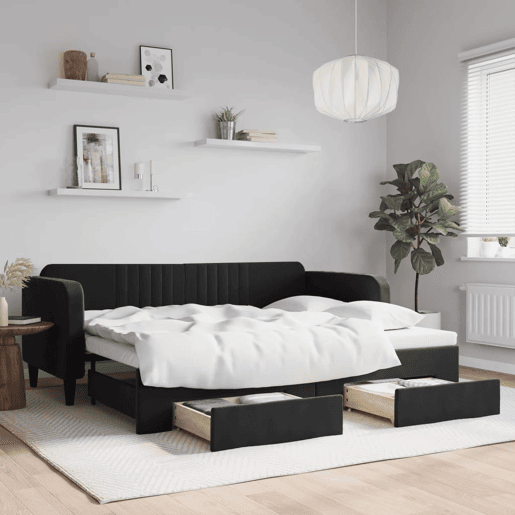 Sofá-cama, Sofá conversível com gavetão e gavetas 90x200 cm veludo preto Sofá-cama, Sofá conversível com gavetão e gavetas 90x200 cm veludo preto