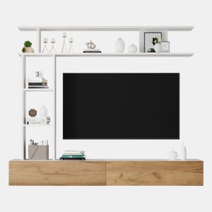 Móvel de TV 180x35x22,5 cm - Conjunto de sala com vitrines, prateleira e painel para TV - Branco + Natural