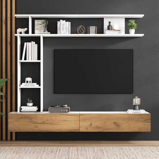Móvel de TV 180x35x22,5 cm - Conjunto de sala com vitrines, prateleira e painel para TV - Branco + Natural Móvel de TV 180x35x22,5 cm - Conjunto de sala com vitrines, prateleira e painel para TV - Branco + Natural