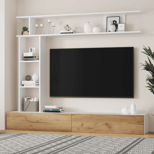 Móvel de TV 180x35x22,5 cm - Conjunto de sala com vitrines, prateleira e painel para TV - Branco + Natural Móvel de TV 180x35x22,5 cm - Conjunto de sala com vitrines, prateleira e painel para TV - Branco + Natural