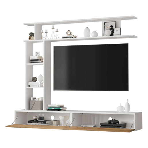 Móvel de TV 180x35x22,5 cm - Conjunto de sala com vitrines, prateleira e painel para TV - Branco + Natural Móvel de TV 180x35x22,5 cm - Conjunto de sala com vitrines, prateleira e painel para TV - Branco + Natural