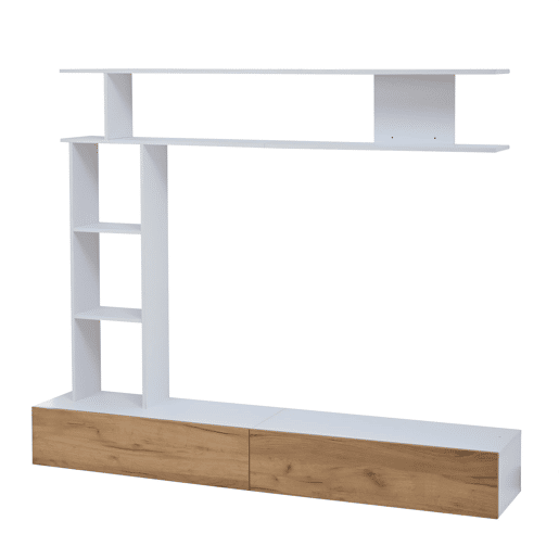 Móvel de TV 180x35x22,5 cm - Conjunto de sala com vitrines, prateleira e painel para TV - Branco + Natural Móvel de TV 180x35x22,5 cm - Conjunto de sala com vitrines, prateleira e painel para TV - Branco + Natural