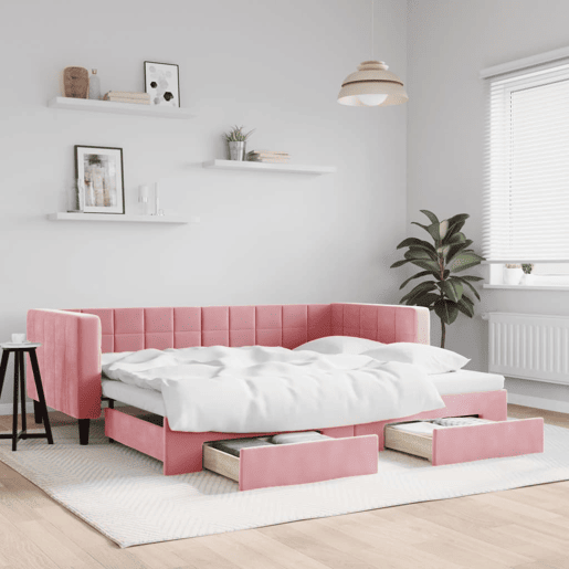 Sofá-cama, Sofá conversível com gavetão e gavetas 90x200 cm veludo rosa Sofá-cama, Sofá conversível com gavetão e gavetas 90x200 cm veludo rosa