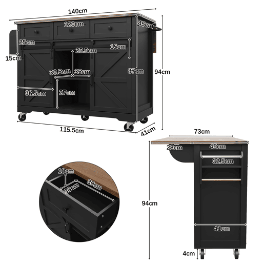 Ilha de cozinha móvel - bancada extensível, 2 portas de correr e 3 gavetas - preto