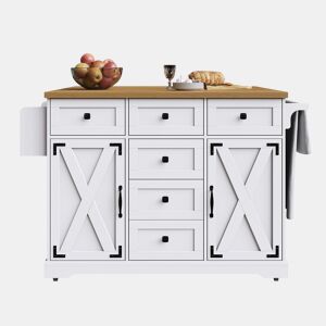 Ilha de cozinha móvel 147 x 70 x 93 cm - Carrinho de serviço em madeira com grande capacidade - Branco