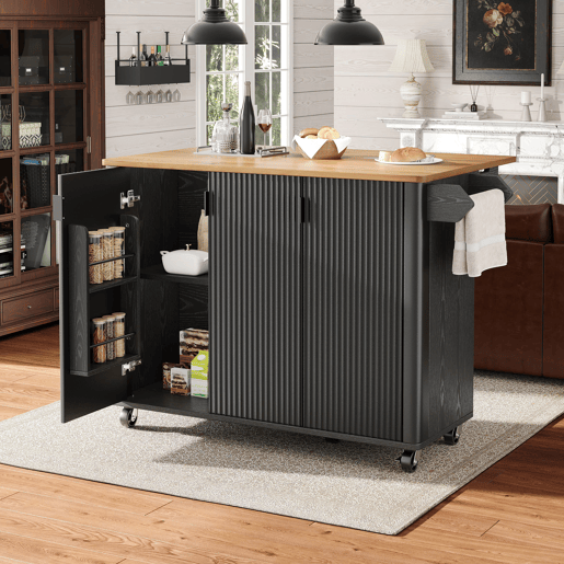 Ilha de cozinha 130x45(75)x92cm - Carrinho com madeira, rodas, prateleira para especiarias, 3 portas, preto