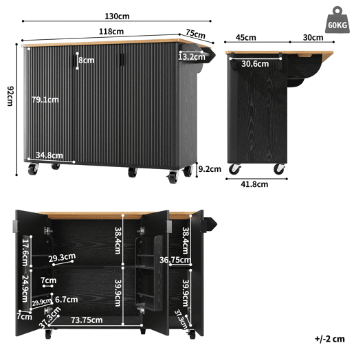 Ilha de cozinha 130x45(75)x92cm - Carrinho com madeira, rodas, prateleira para especiarias, 3 portas, preto