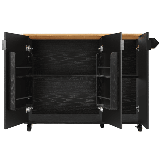 Ilha de cozinha 130x45(75)x92cm - Carrinho com madeira, rodas, prateleira para especiarias, 3 portas, preto