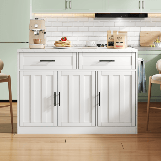 Ilha de cozinha 120x60x91 cm - Tomadas, portas USB, prateleiras ajustáveis, barra e muito mais - Branco