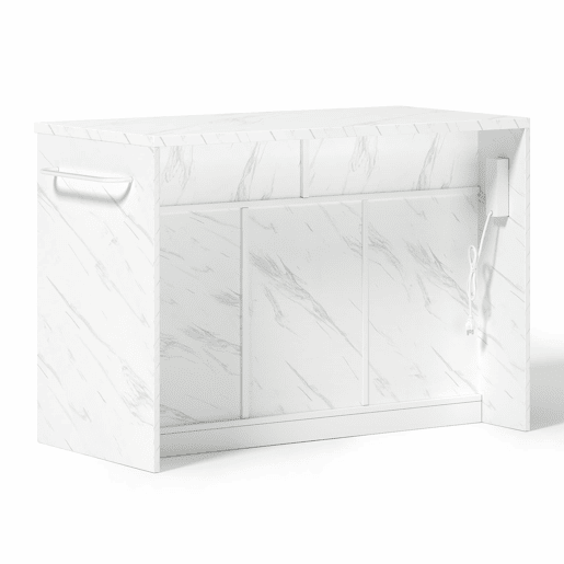 Ilha de cozinha 120x60x91 cm - Tomadas, portas USB, prateleiras ajustáveis, barra e muito mais - Branco