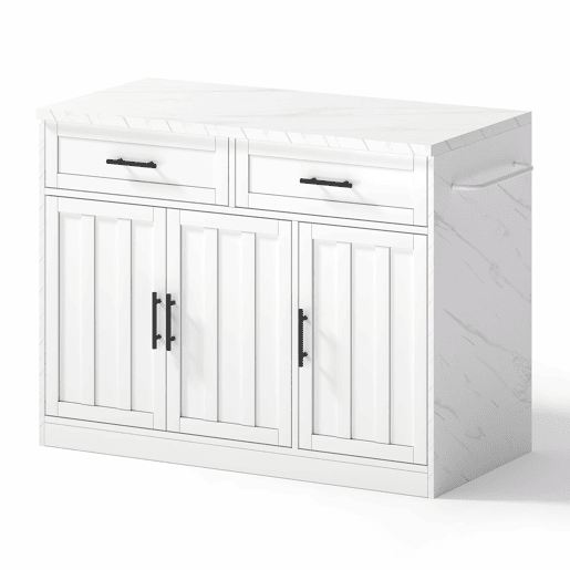Ilha de cozinha 120x60x91 cm - Tomadas, portas USB, prateleiras ajustáveis, barra e muito mais - Branco