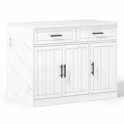 Ilha de cozinha 120x60x91 cm - Tomadas, portas USB, prateleiras ajustáveis, barra e muito mais - Branco