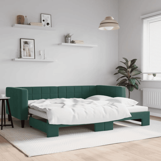 Sofá-cama, Sofá conversível com gavetão 90x200 cm veludo verde-escuro