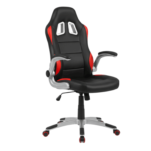 Cadeira gamer Mugello, vermelha e preta, PVCcouro sintético, costura dupla e estofamento, mecanismo sincronizado, braços dobráveis, 70x115x69 cm