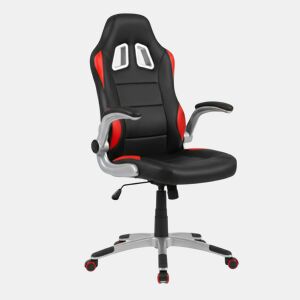 Cadeira gamer Mugello, vermelha e preta, PVCcouro sintético, costura dupla e estofamento, mecanismo sincronizado, braços dobráveis, 70x115x69 cm