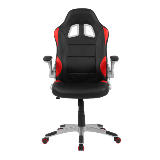 Cadeira gamer Mugello, vermelha e preta, PVCcouro sintético, costura dupla e estofamento, mecanismo sincronizado, braços dobráveis, 70x115x69 cm