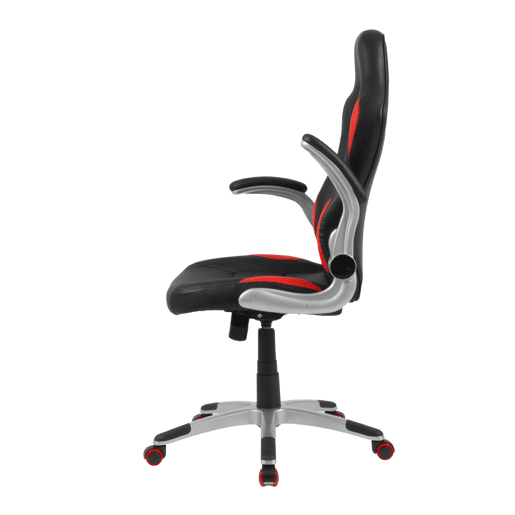 Cadeira gamer Mugello, vermelha e preta, PVCcouro sintético, costura dupla e estofamento, mecanismo sincronizado, braços dobráveis, 70x115x69 cm