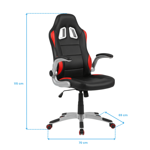 Cadeira gamer Mugello, vermelha e preta, PVCcouro sintético, costura dupla e estofamento, mecanismo sincronizado, braços dobráveis, 70x115x69 cm