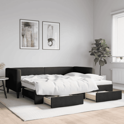 Sofá-cama, Sofá conversível com gavetão e gavetas 90x190 cm tecido preto