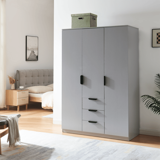Roupeiro Eiselfing (3 portas 4 compartimentos 3 gavetas) MDF 176x120x52 cm - Cinzento en.casa Roupeiro Eiselfing (3 portas 4 compartimentos 3 gavetas) MDF 176x120x52 cm - Cinzento en.casa